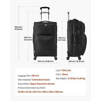 Black 28-Inch Softside Luggage for Extended Travel with Expandable Packing Space and Laptop Storage