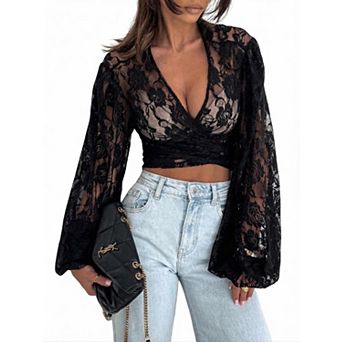 Women's Lace Cover-up Long Sleeve T-Shirt Blouse Top