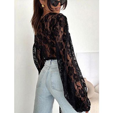 Women's Lace Cover-up Long Sleeve T-Shirt Blouse Top