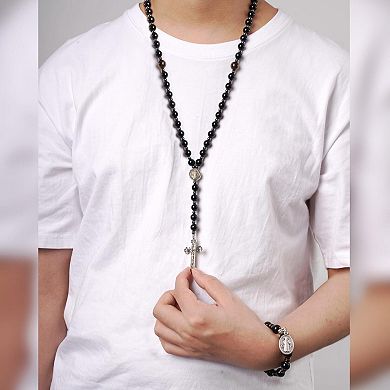 8mm Tiger Eye Rosary Necklace St Benedict Cross Bracelet Protection Gift