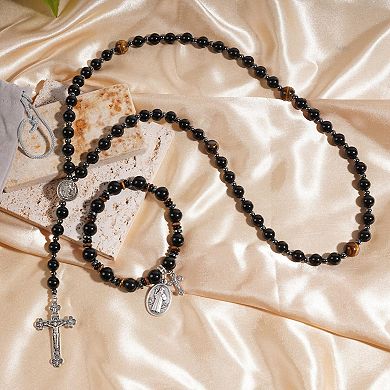 8mm Tiger Eye Rosary Necklace St Benedict Cross Bracelet Protection Gift