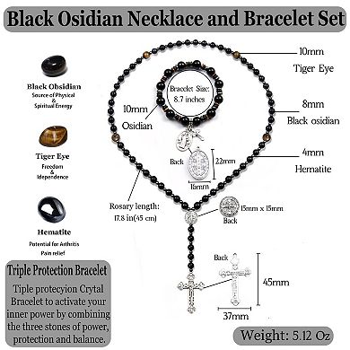 8mm Tiger Eye Rosary Necklace St Benedict Cross Bracelet Protection Gift