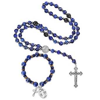 8mm Tiger Eye Rosary Necklace St Benedict Cross Bracelet Protection Gift