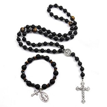 8mm Tiger Eye Rosary Necklace St Benedict Cross Bracelet Protection Gift