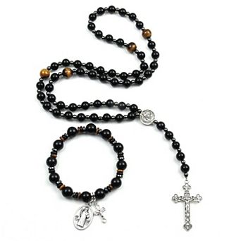 8mm Tiger Eye Rosary Necklace St Benedict Cross Bracelet Protection Gift