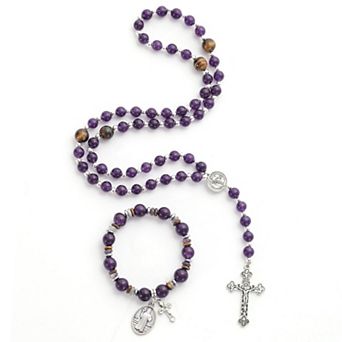 8mm Tiger Eye Rosary Necklace St Benedict Cross Bracelet Protection Gift