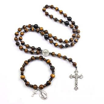 8mm Tiger Eye Rosary Necklace St Benedict Cross Bracelet Protection Gift