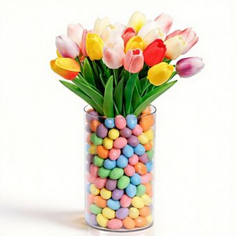 Easter Vaseset 15 pc Artificial Tulips with Eggs Spring Table Centerpiece