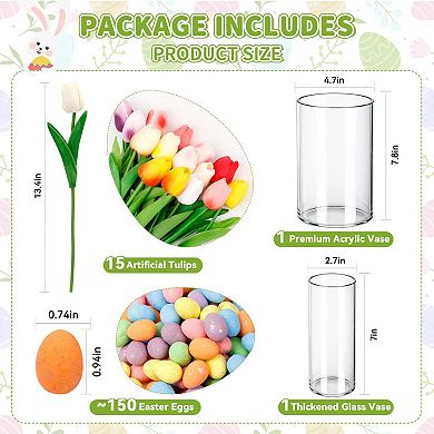 Easter Vaseset 15pcs Artificial Tulips with Eggs Spring Table Centerpiece