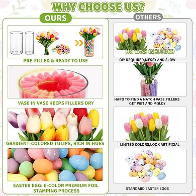 Easter Vaseset 15pcs Artificial Tulips with Eggs Spring Table Centerpiece