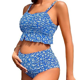 Trendy Floral Maternity Bikini Set High Waisted Two Piece Swimsuit with Ruffle Crop Top