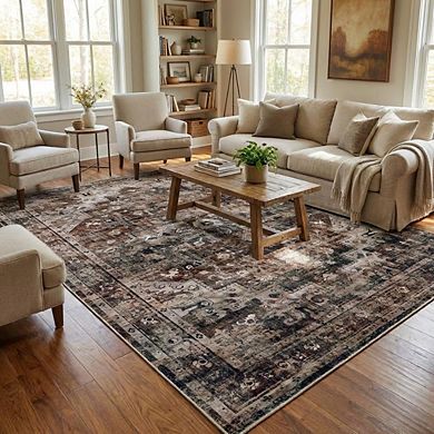 Medallion Area Rug Machine Washable Low Pile Pet Friendly Foldable Floor Cover for Living Room
