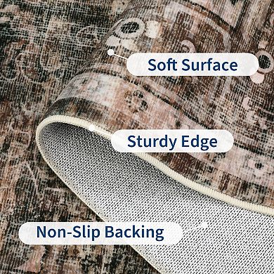 Medallion Area Rug Machine Washable Low Pile Pet Friendly Foldable Floor Cover for Living Room