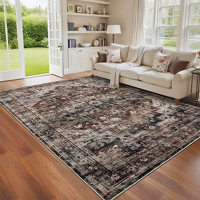 Medallion Area Rug Machine Washable Low Pile Pet Friendly Foldable Floor Cover for Living Room