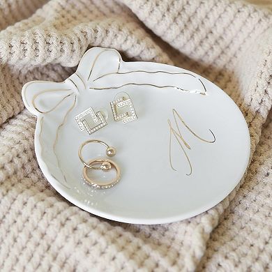 Personalized Initial Ceramic Jewelry Tray with Bow, Ring Holder, Earrings Dish