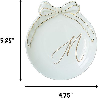Personalized Initial Ceramic Jewelry Tray with Bow, Ring Holder, Earrings Dish