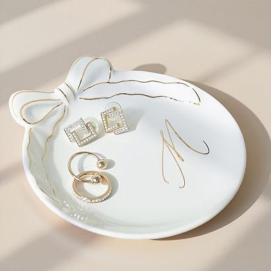 Personalized Initial Ceramic Jewelry Tray with Bow, Ring Holder, Earrings Dish