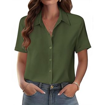 Zeagoo Shirts for Women Trendy Rolled Cuffed Short Sleeve Button Up Blouse Business Casual Tops