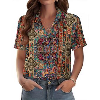 Zeagoo Shirts for Women Trendy Rolled Cuffed Short Sleeve Button Up Blouse Business Casual Tops