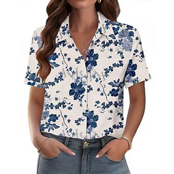 Zeagoo Shirts for Women Trendy Rolled Cuffed Short Sleeve Button Up Blouse Business Casual Tops