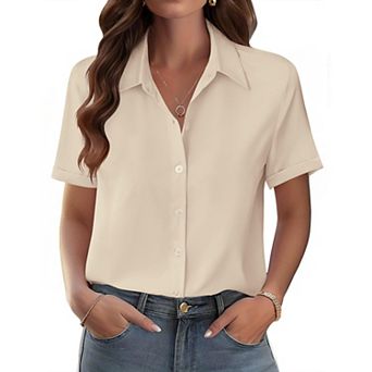 Zeagoo Shirts for Women Trendy Rolled Cuffed Short Sleeve Button Up Blouse Business Casual Tops