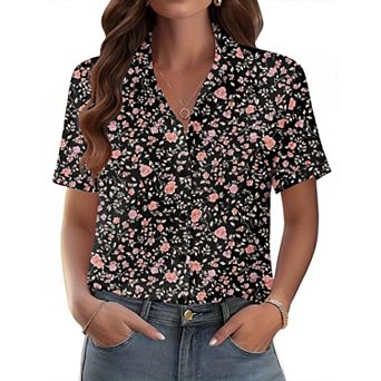 Zeagoo Shirts for Women Trendy Rolled Cuffed Short Sleeve Button Up Blouse Business Casual Tops