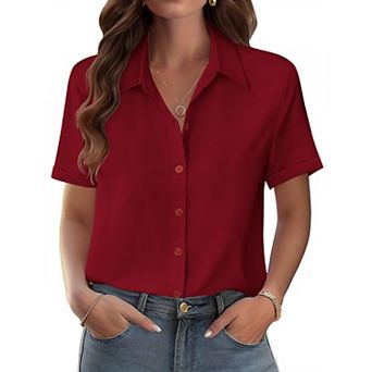 Zeagoo Shirts for Women Trendy Rolled Cuffed Short Sleeve Button Up Blouse Business Casual Tops