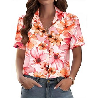 Zeagoo Shirts for Women Trendy Rolled Cuffed Short Sleeve Button Up Blouse Business Casual Tops