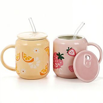 Cute Ceramic Mugs With Lid Straw Fruits Pattern 13 Oz 2 pack