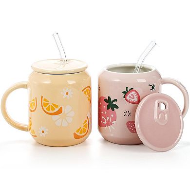 Cute Ceramic Mugs With Lid Straw Fruits Pattern 13 Oz 2 pack
