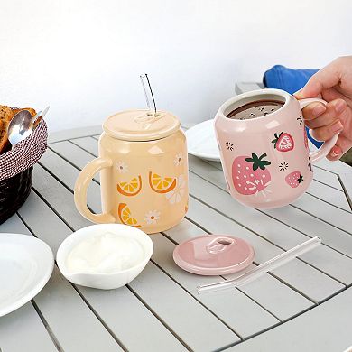 Cute Ceramic Mugs With Lid Straw Fruits Pattern 13 Oz 2 pack