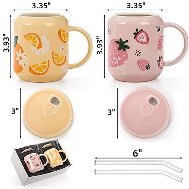 Cute Ceramic Mugs With Lid Straw Fruits Pattern 13 Oz 2 pack