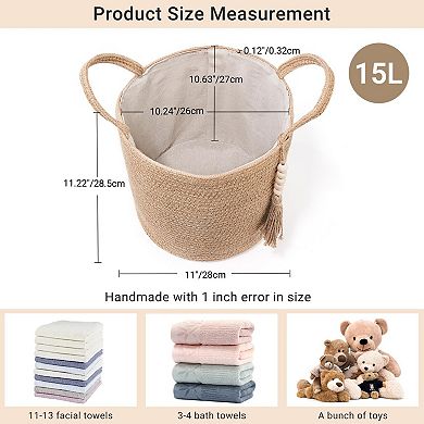 A woven rope storage basket with a handle, suitable for storing blankets, toys, and clothes.