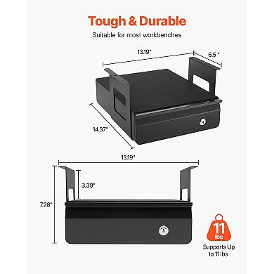 Under-Desk Drawer with Lock, Ball-Bearing Slides, and Open Shelf for Office Organization, Black