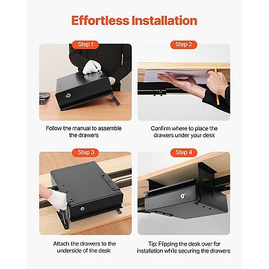 Under-Desk Drawer with Lock, Ball-Bearing Slides, and Open Shelf for Office Organization, Black