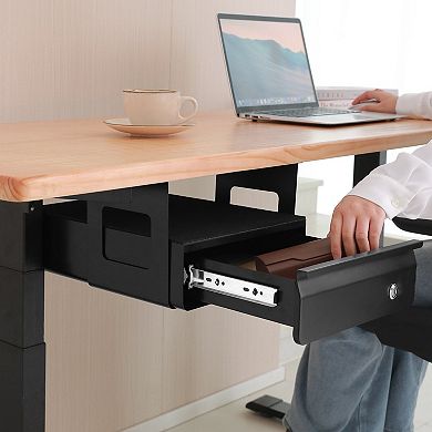 Under-Desk Drawer with Lock, Ball-Bearing Slides, and Open Shelf for Office Organization, Black
