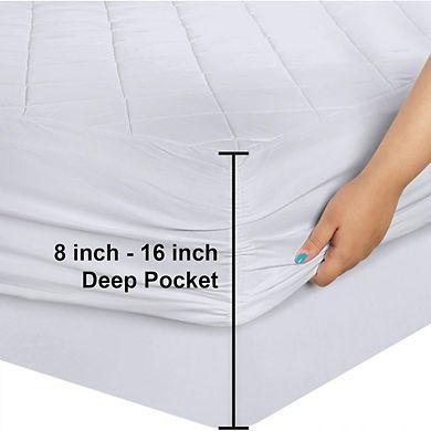Great Ambitions Queen Size Quilted Fitted Mattress Pad, 16 Inch Deep Pocket, Washable, White
