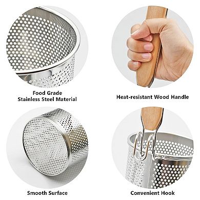 2-Pack Stainless Steel Pasta Strainers with Wooden Handles & Micro-Perforations