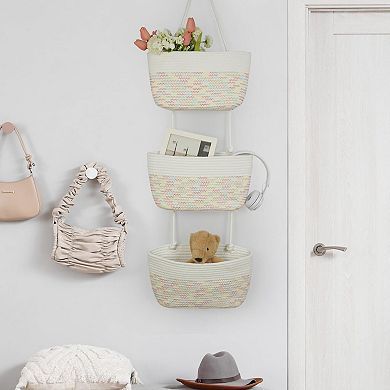This cotton-woven hanging storage basket is suitable for bathrooms, bedrooms, and kitchens.