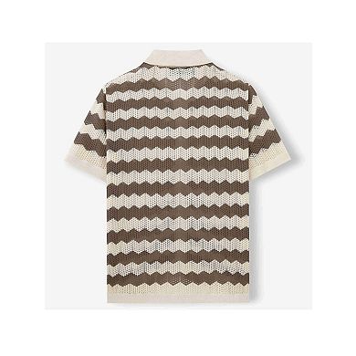 Mens Striped Collared Button Down Shirts Crochet Knit Short Sleeve Summer Vacation Chic Tops