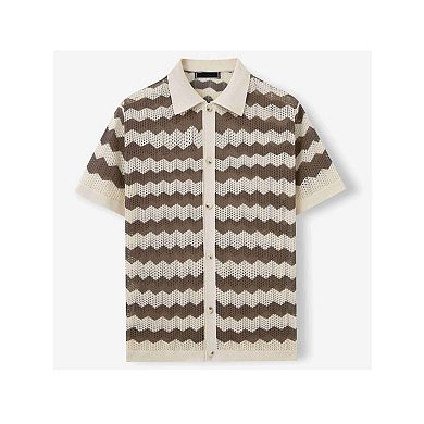Mens Striped Collared Button Down Shirts Crochet Knit Short Sleeve Summer Vacation Chic Tops