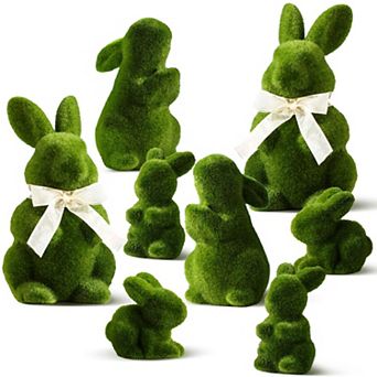 8 pc Easter Bunny Moss Figurine Bowtie Flocked Rabbit Garden Party Decor