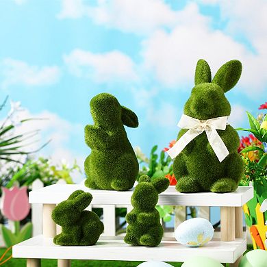 8PC Easter Bunny Moss Figurine Bowtie Flocked Rabbit Garden Party Decor