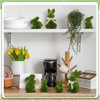 8PC Easter Bunny Moss Figurine Bowtie Flocked Rabbit Garden Party Decor