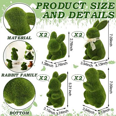 8PC Easter Bunny Moss Figurine Bowtie Flocked Rabbit Garden Party Decor