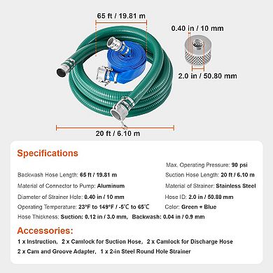 All-in-One Water Pump Hose Kit, 65 ft Backwash, 20 ft Suction Hose, Green and Blue