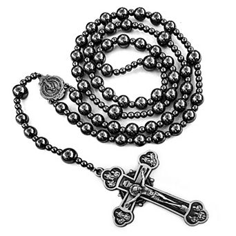Hematite Rosary Necklace Virgin Mary Cross Handmade Catholic Gift