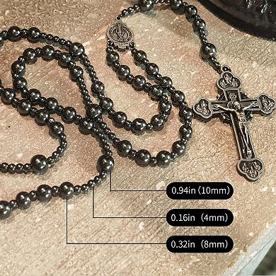 Hematite Rosary Necklace Virgin Mary Cross Handmade Catholic Gift