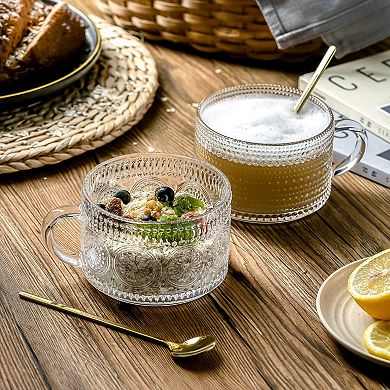 Vintage Embossed Glass Coffee Mugs 14 Oz 2 pack