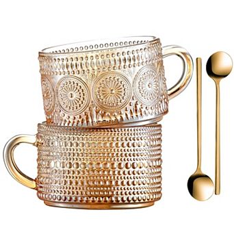 Vintage Embossed Glass Coffee Mugs 14 Oz 2 pack